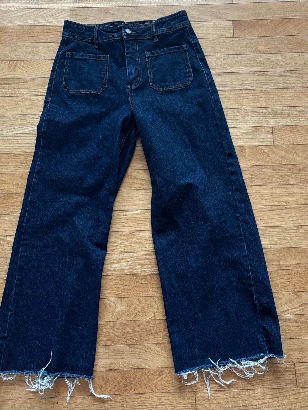 Oat New York Dark Blue Jeans with Frayed Hem Wide Leg High rise size 8